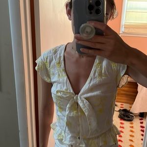 White and yellow embroidered tie top